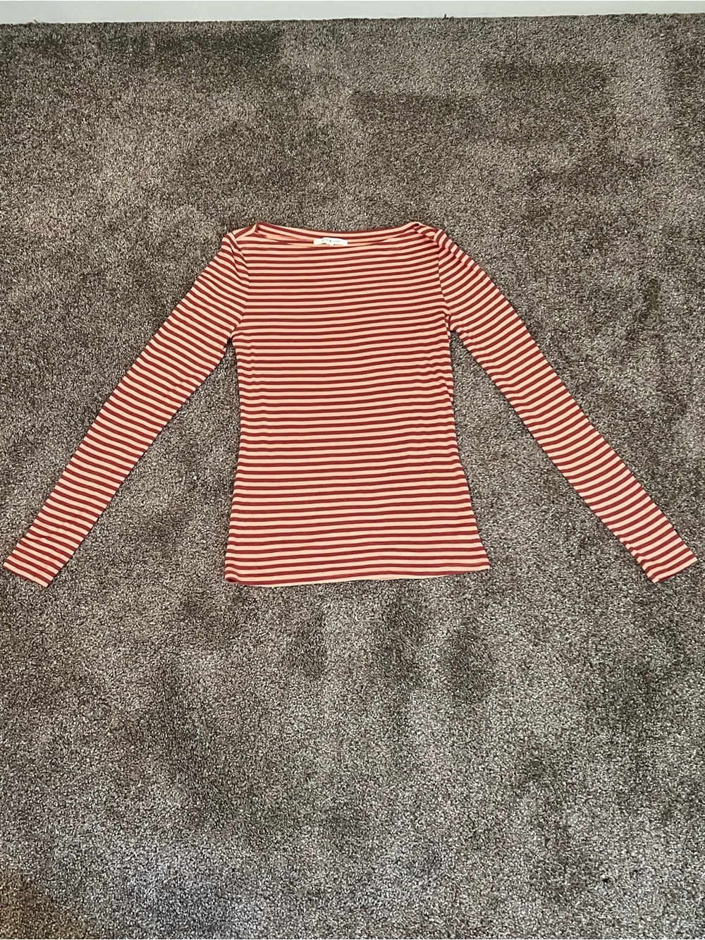Striped Long-Sleeve Boatneck Top in Coral and White